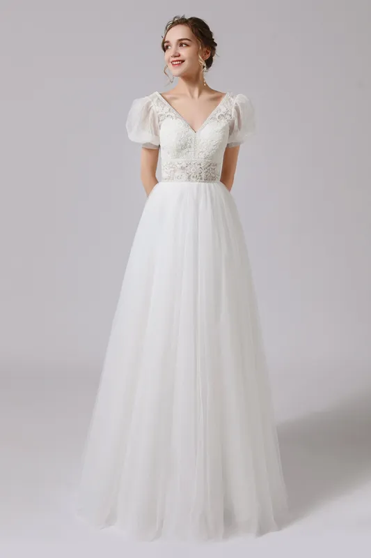 A-Line Floor Length Lace Tulle Wedding Dress CW2707 sold by Cocomelody