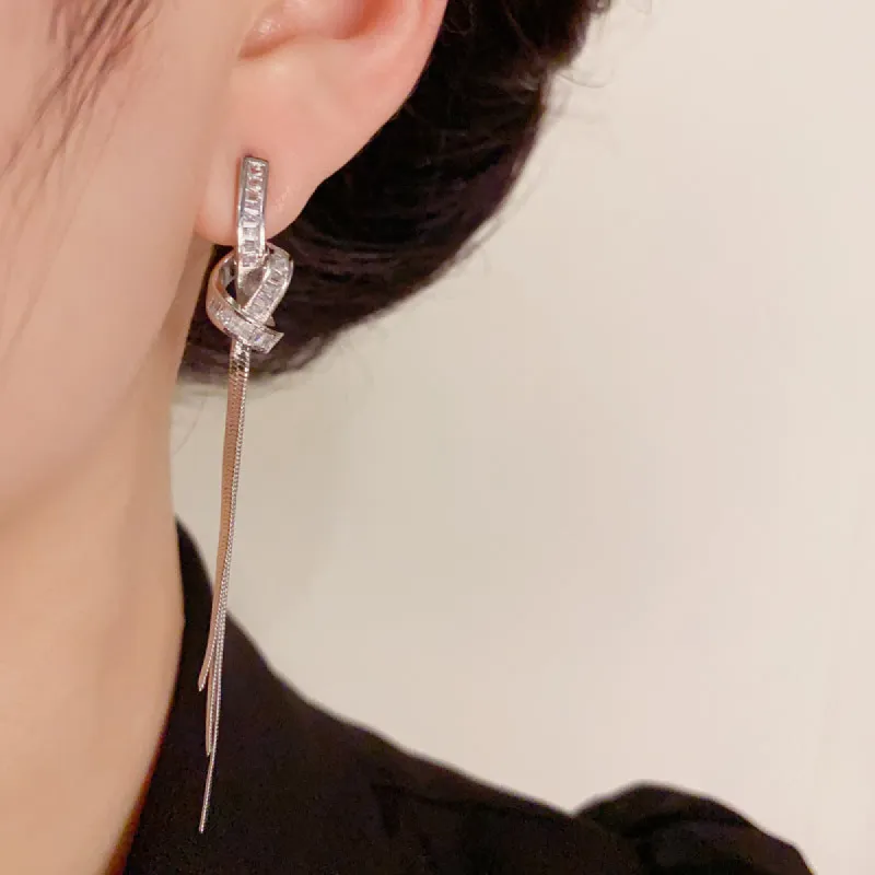Delicate light luxe zircon knot fringe earrings temperament long earrings 800256901146 sold by Cocomelody