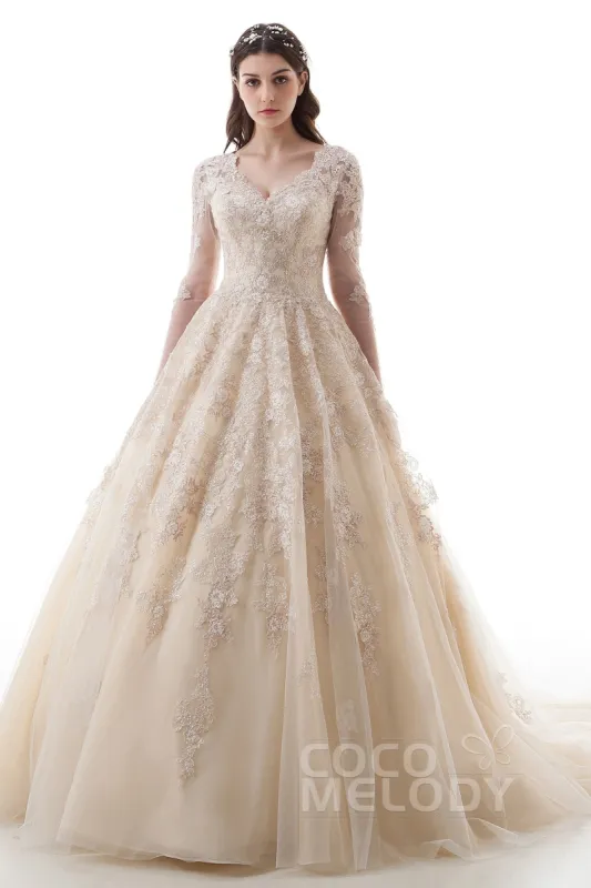 Princess Court Train Lace Tulle Gothic Wedding Dress LD4622 sold by Cocomelody