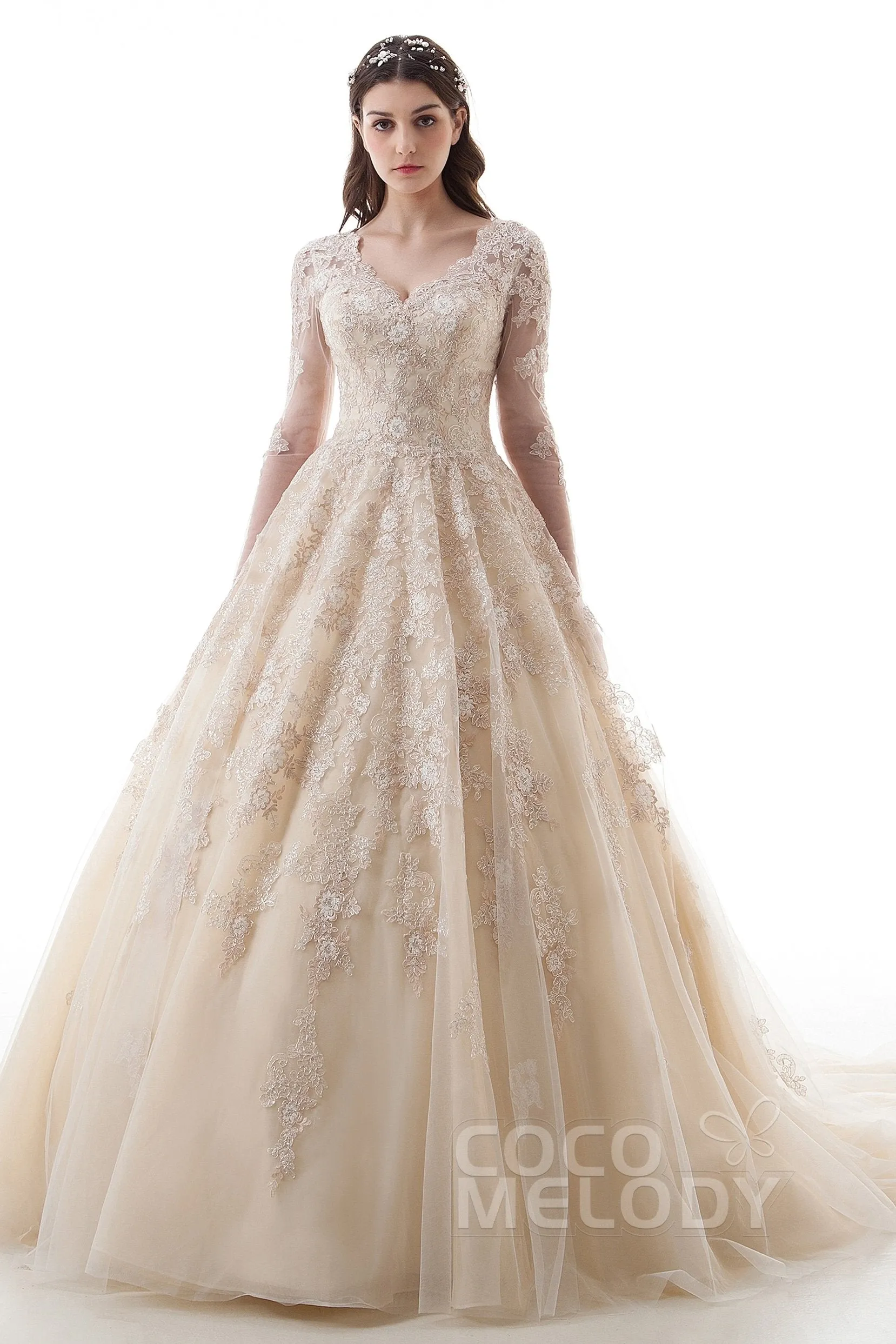 Princess Court Train Lace Tulle Gothic Wedding Dress LD4622 sold by Cocomelody