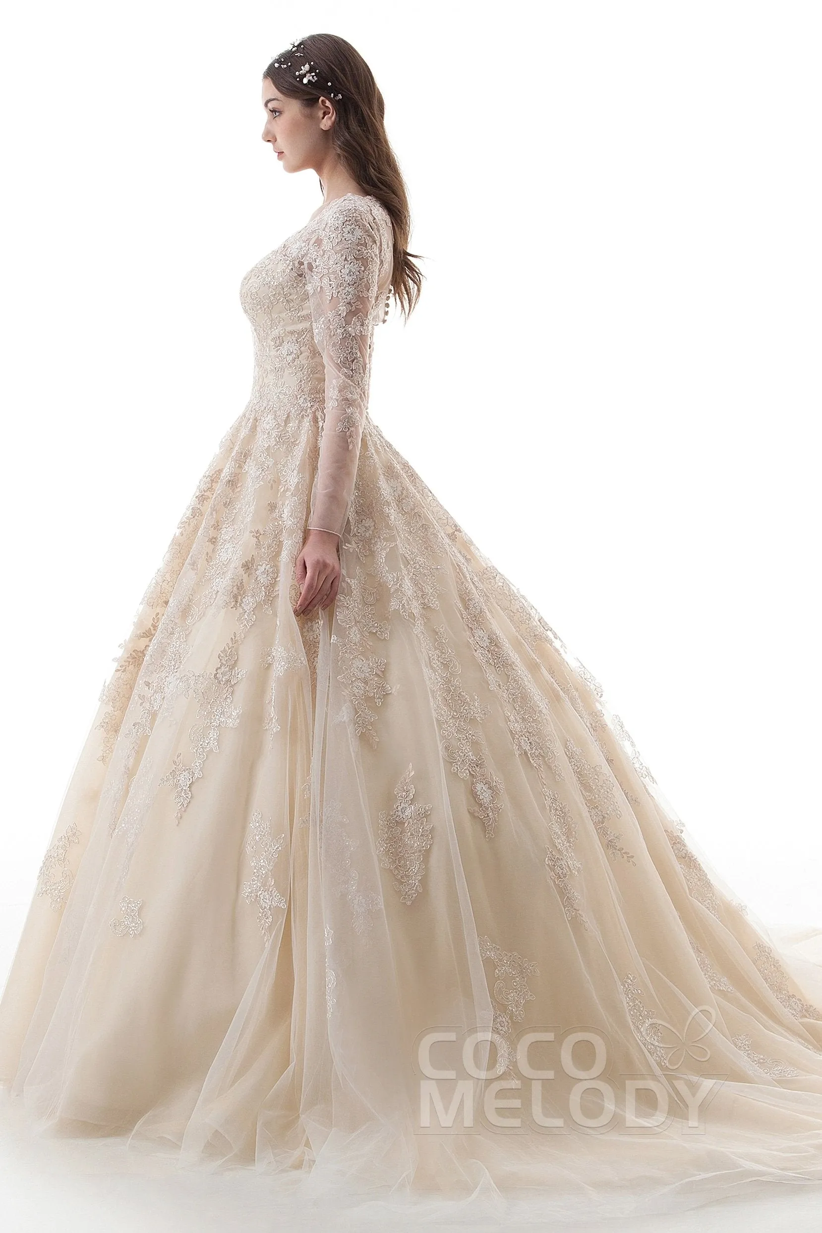 Princess Court Train Lace Tulle Gothic Wedding Dress LD4622 sold by Cocomelody product image thumbnail 4
