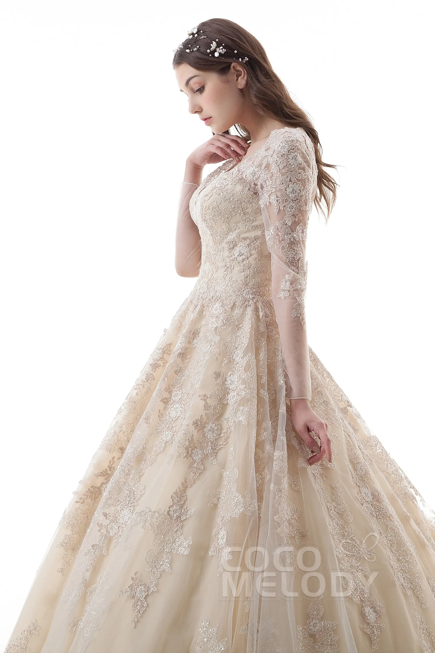 Princess Court Train Lace Tulle Gothic Wedding Dress LD4622 sold by Cocomelody product image thumbnail 5