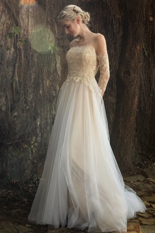 A-Line Sweep-Brush Train Lace Tulle Wedding Dress CW3014 sold by Cocomelody