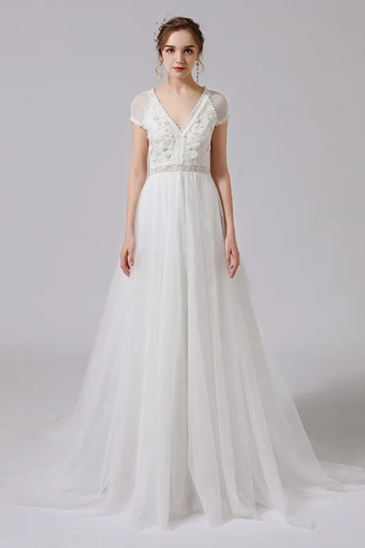 A-Line Floor Length Lace Tulle Wedding Dress CW2706 sold by Cocomelody
