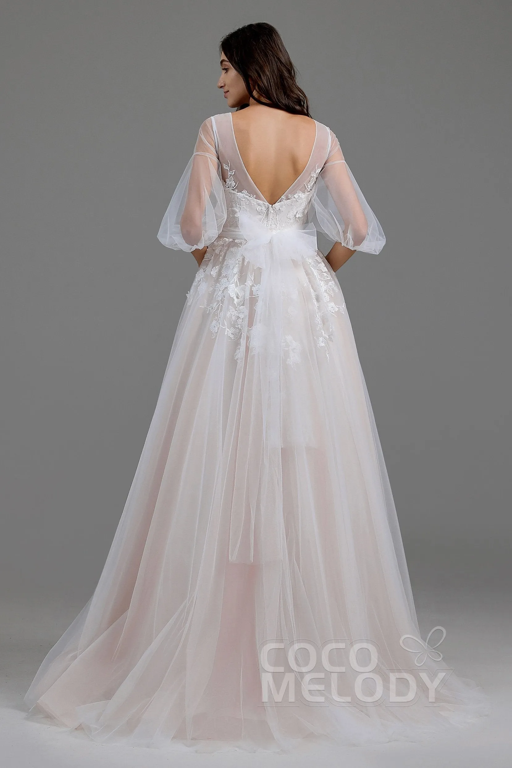 A-Line Sweep-Brush Train Tulle Wedding Dress LD5829CR sold by Cocomelody product image thumbnail 4