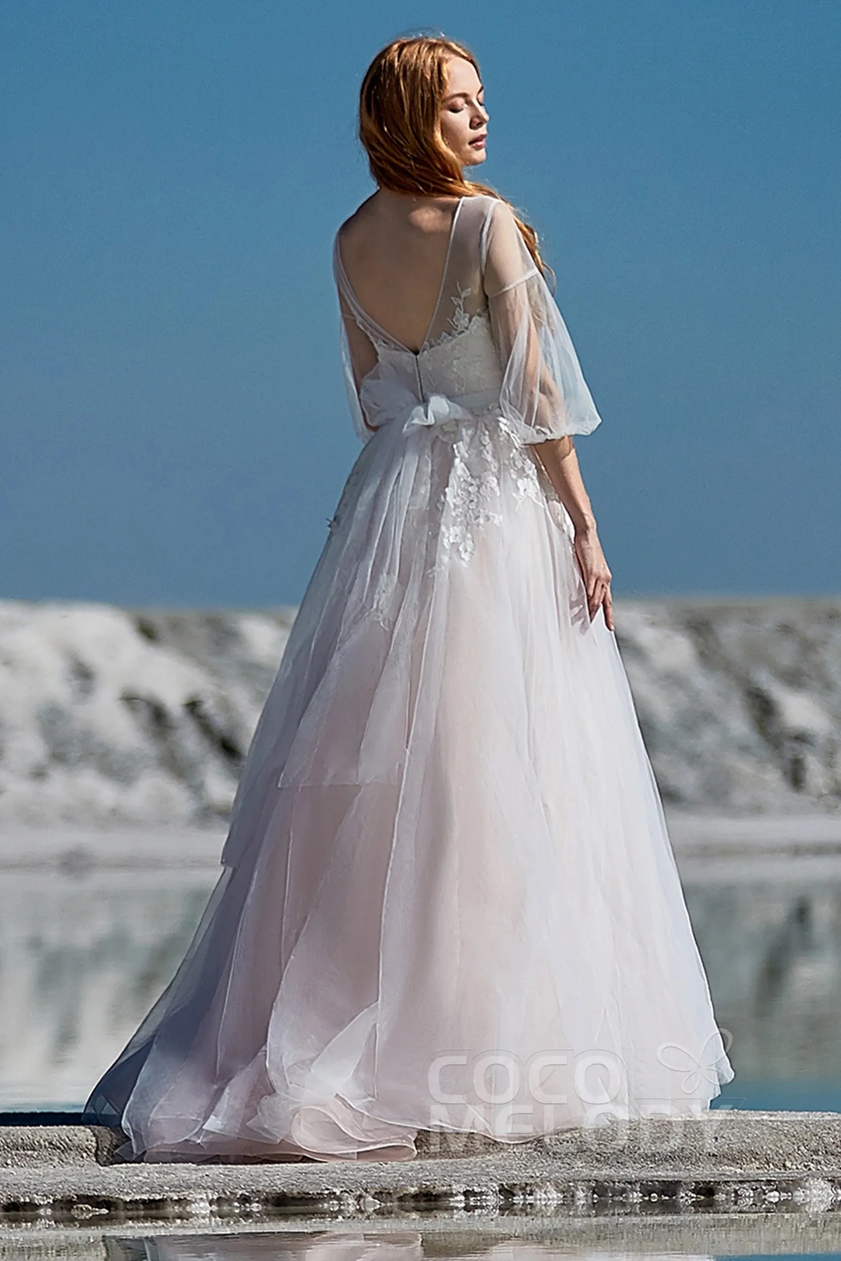 A-Line Sweep-Brush Train Tulle Wedding Dress LD5829CR sold by Cocomelody product image thumbnail 2