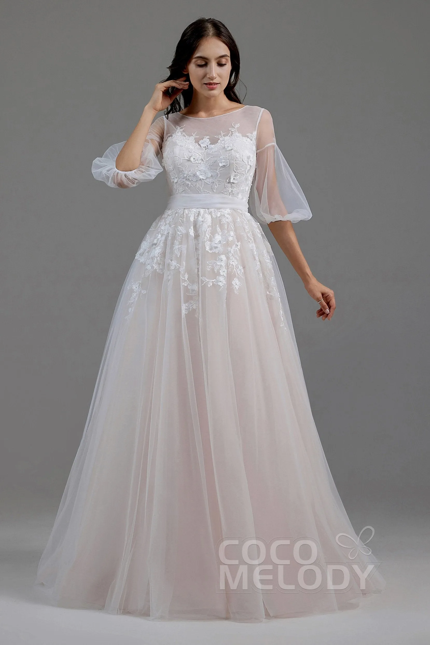 A-Line Sweep-Brush Train Tulle Wedding Dress LD5829CR sold by Cocomelody product image thumbnail 3