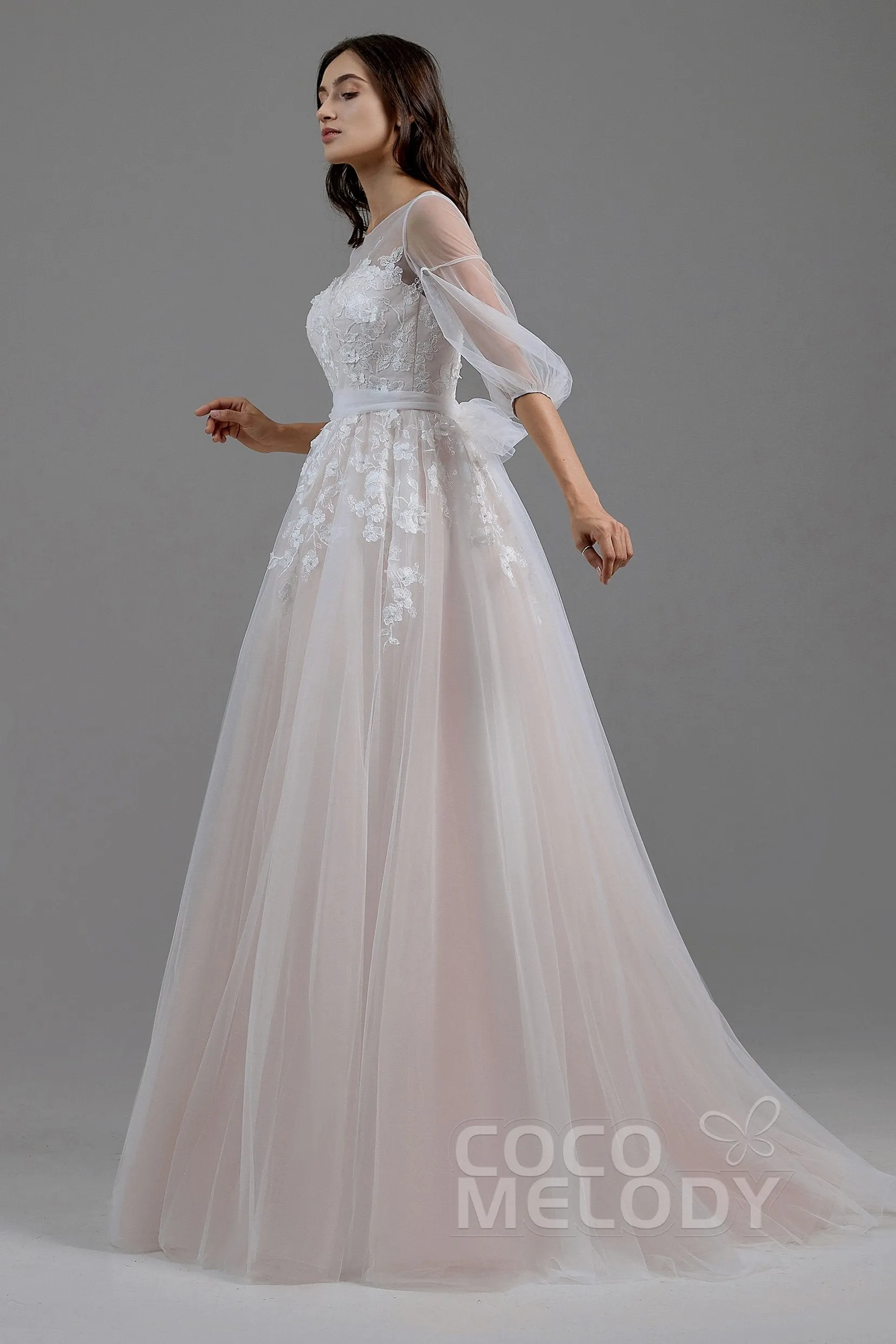 A-Line Sweep-Brush Train Tulle Wedding Dress LD5829CR sold by Cocomelody product image thumbnail 5