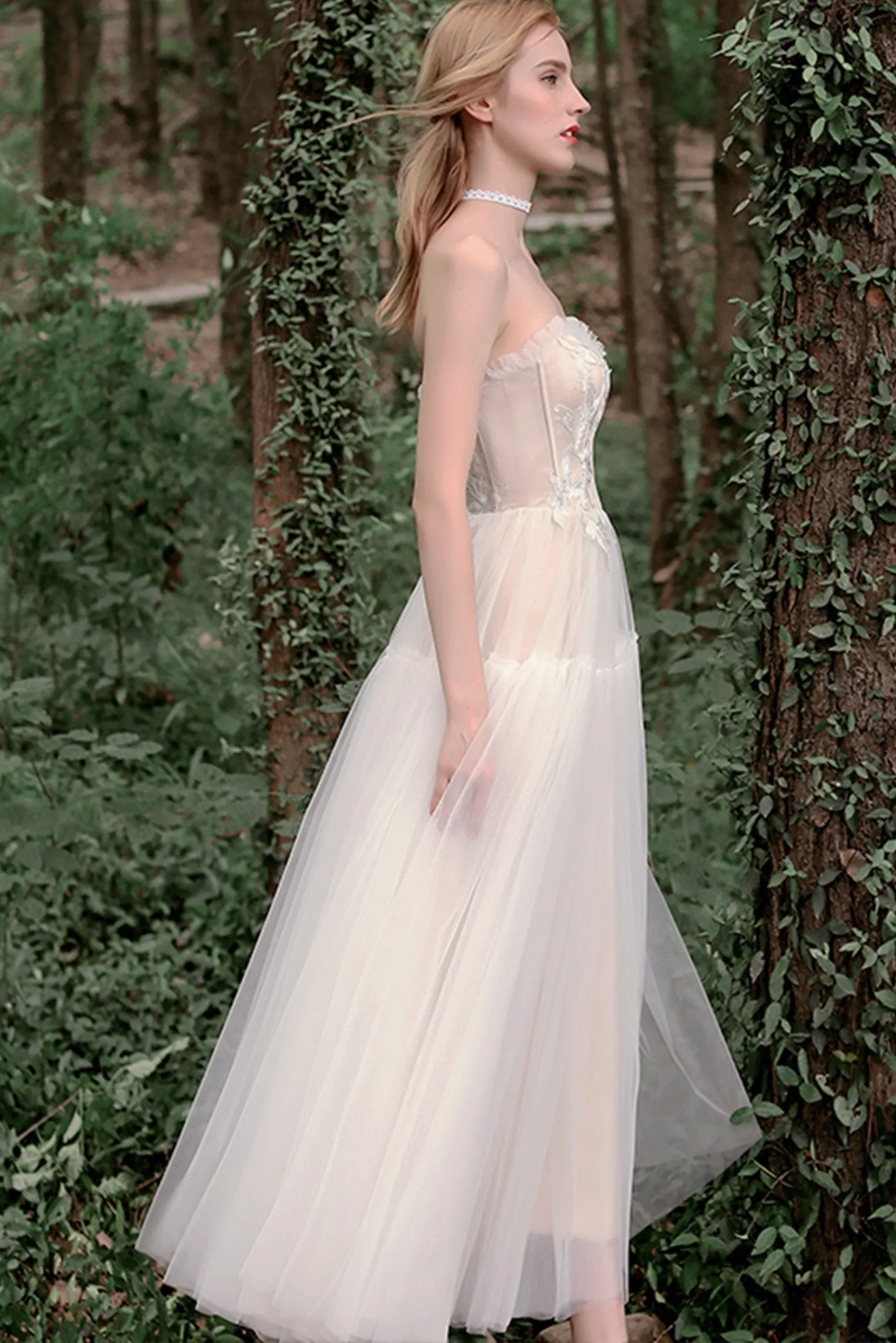 A-Line Tea Length Lace Tulle Wedding Dress CW2756 sold by Cocomelody product image thumbnail 3