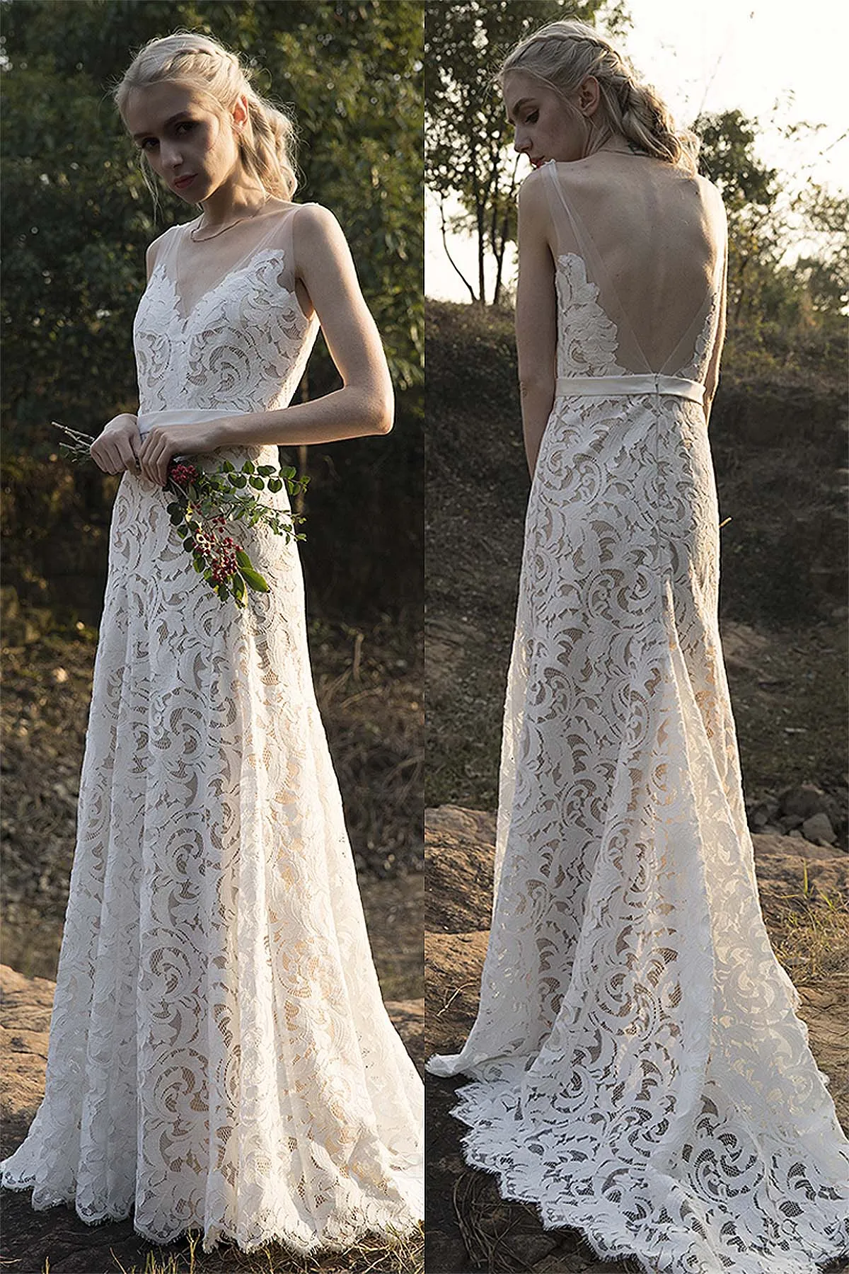 Sheath-Column Sweep-Brush Train Lace Wedding Dress CW3012 sold by Cocomelody product image thumbnail 2