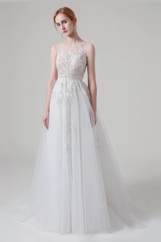 A-Line Sweep-Brush Train Lace Tulle Wedding Dress CW2704 sold by Cocomelody