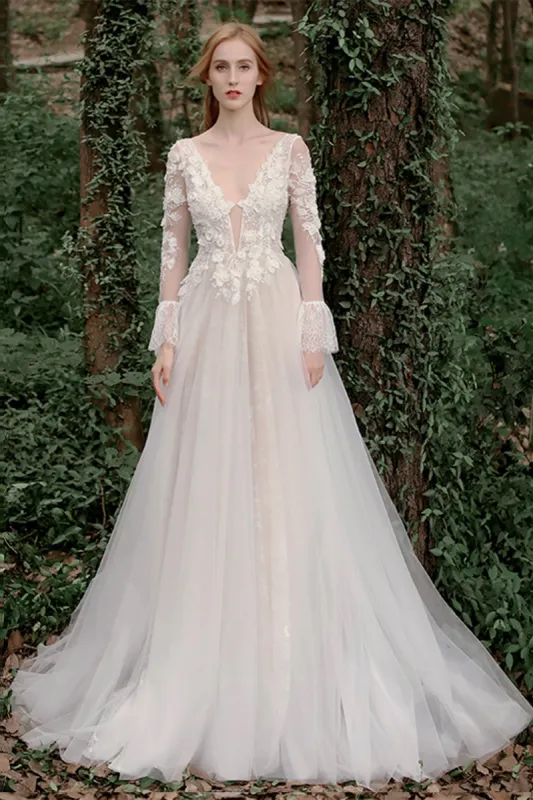 A-Line Sweep-Brush Train Lace Tulle Wedding Dress CW2752 sold by Cocomelody