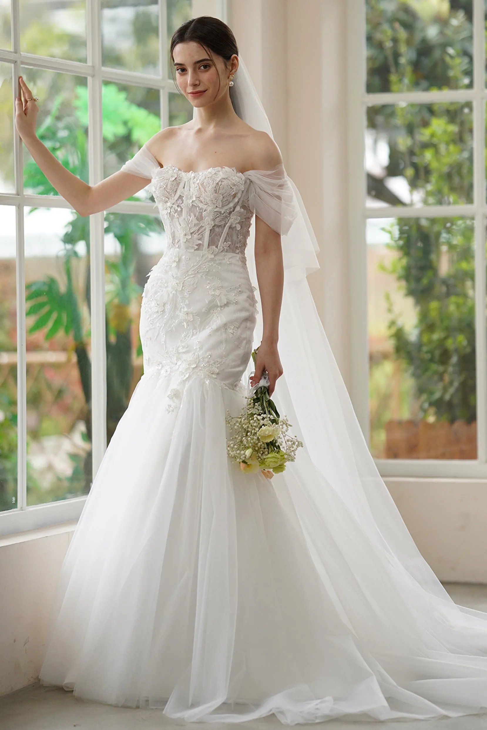 Trumpet-Mermaid Sweep-Brush Train Lace Tulle Wedding Dress CW3312 sold by Cocomelody product image thumbnail 3
