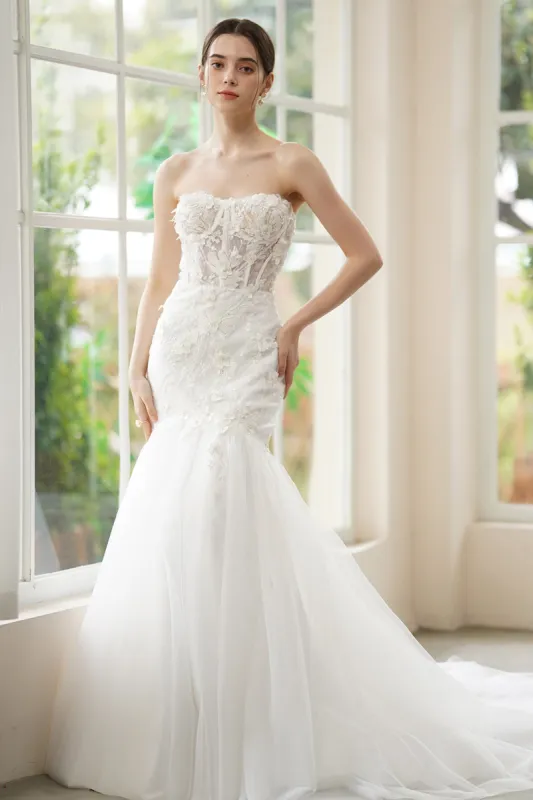 Trumpet-Mermaid Sweep-Brush Train Lace Tulle Wedding Dress CW3312 sold by Cocomelody
