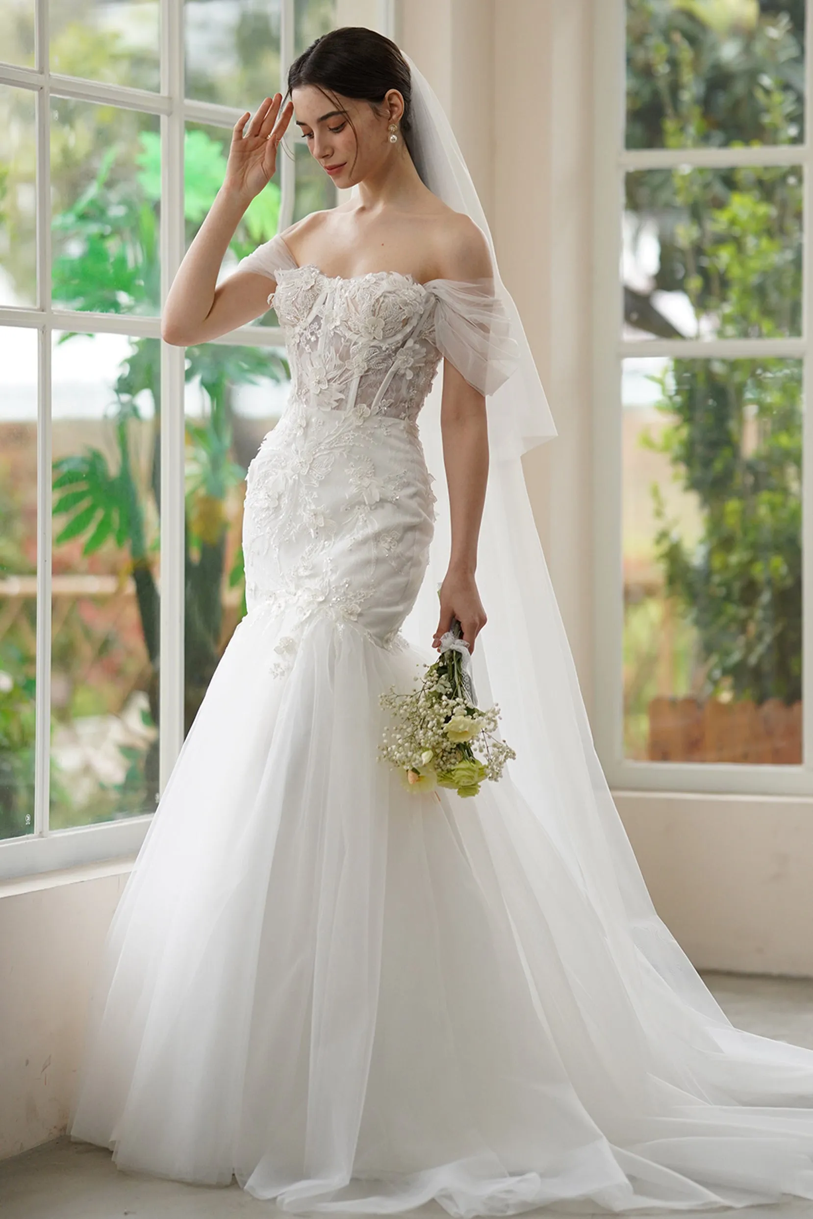 Trumpet-Mermaid Sweep-Brush Train Lace Tulle Wedding Dress CW3312 sold by Cocomelody product image thumbnail 5