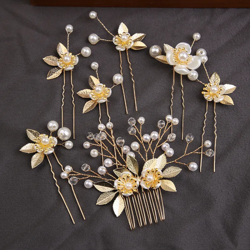 Handcrafted pearl set with Gold leaf hair comb 725487239358 sold by Cocomelody