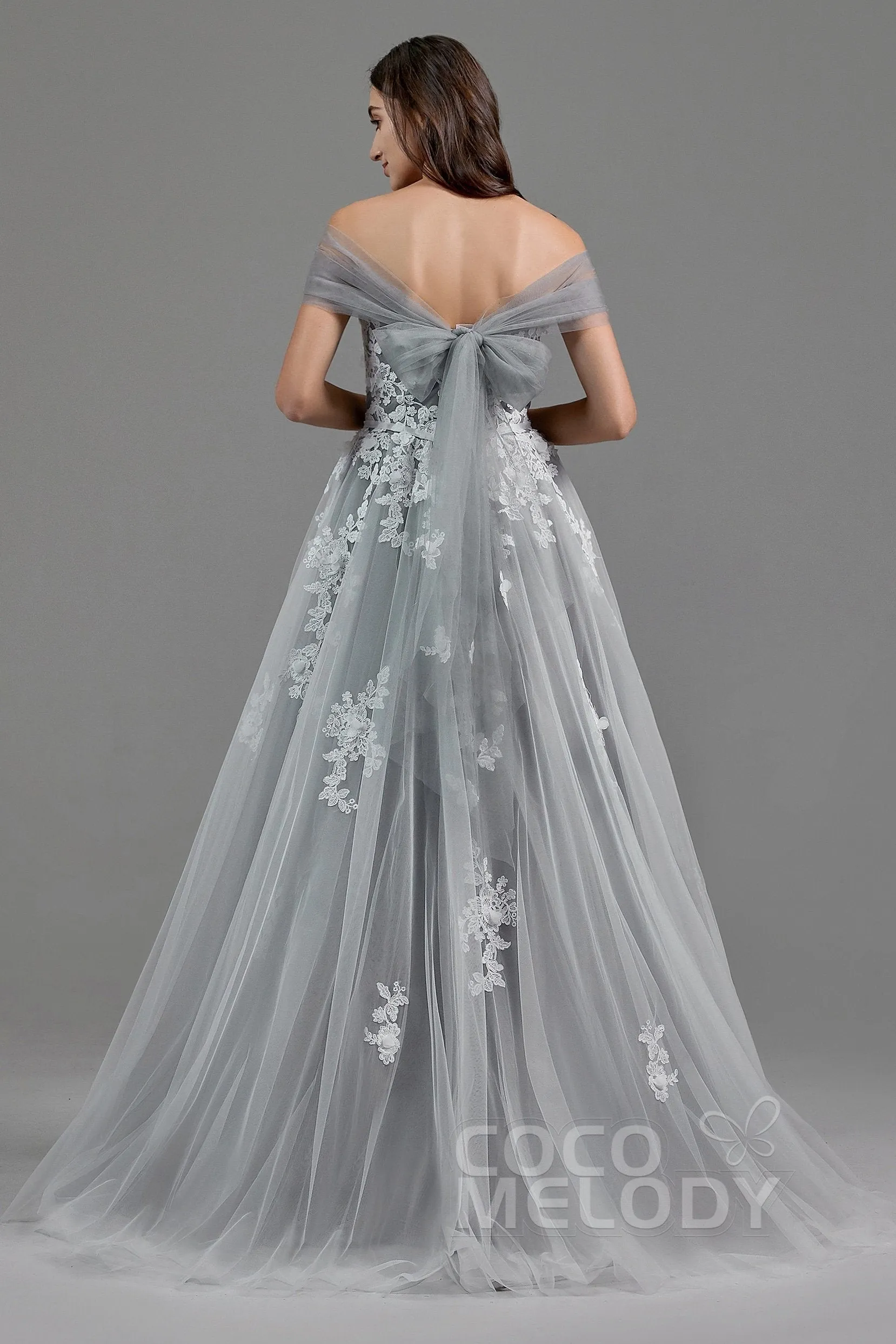 A-Line Sweep-Brush Train Tulle Wedding Dress LD5820CR sold by Cocomelody product image thumbnail 4