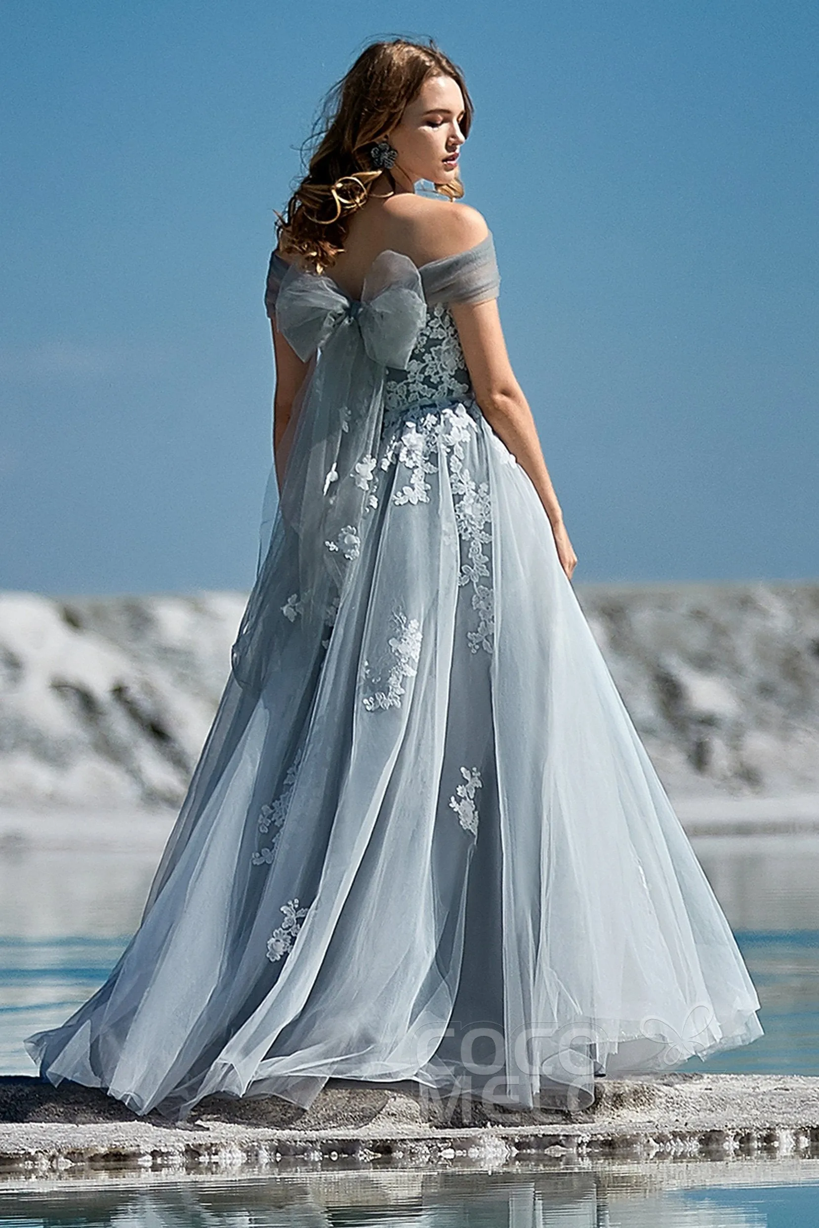 A-Line Sweep-Brush Train Tulle Wedding Dress LD5820CR sold by Cocomelody product image thumbnail 2