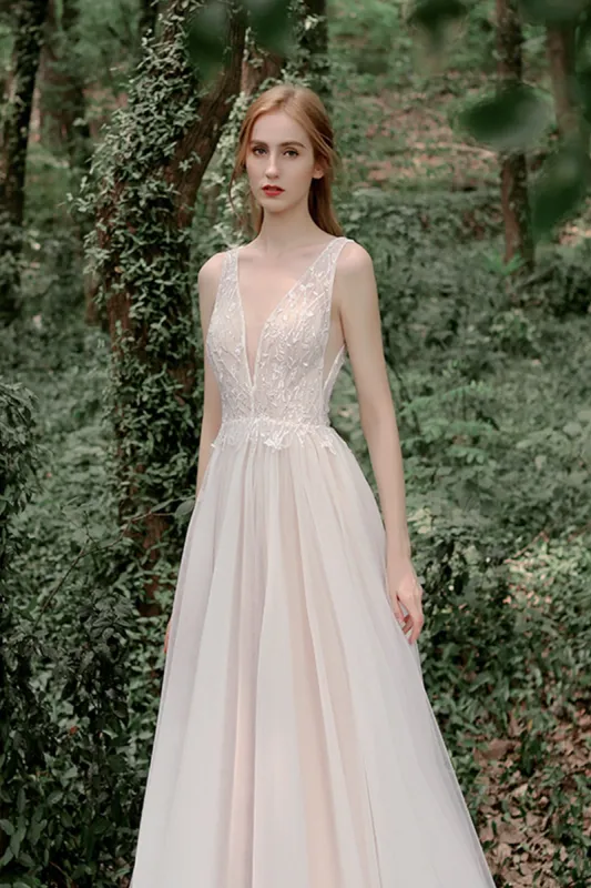 A-Line Sweep-Brush Train Lace Tulle Wedding Dress CW2750 sold by Cocomelody
