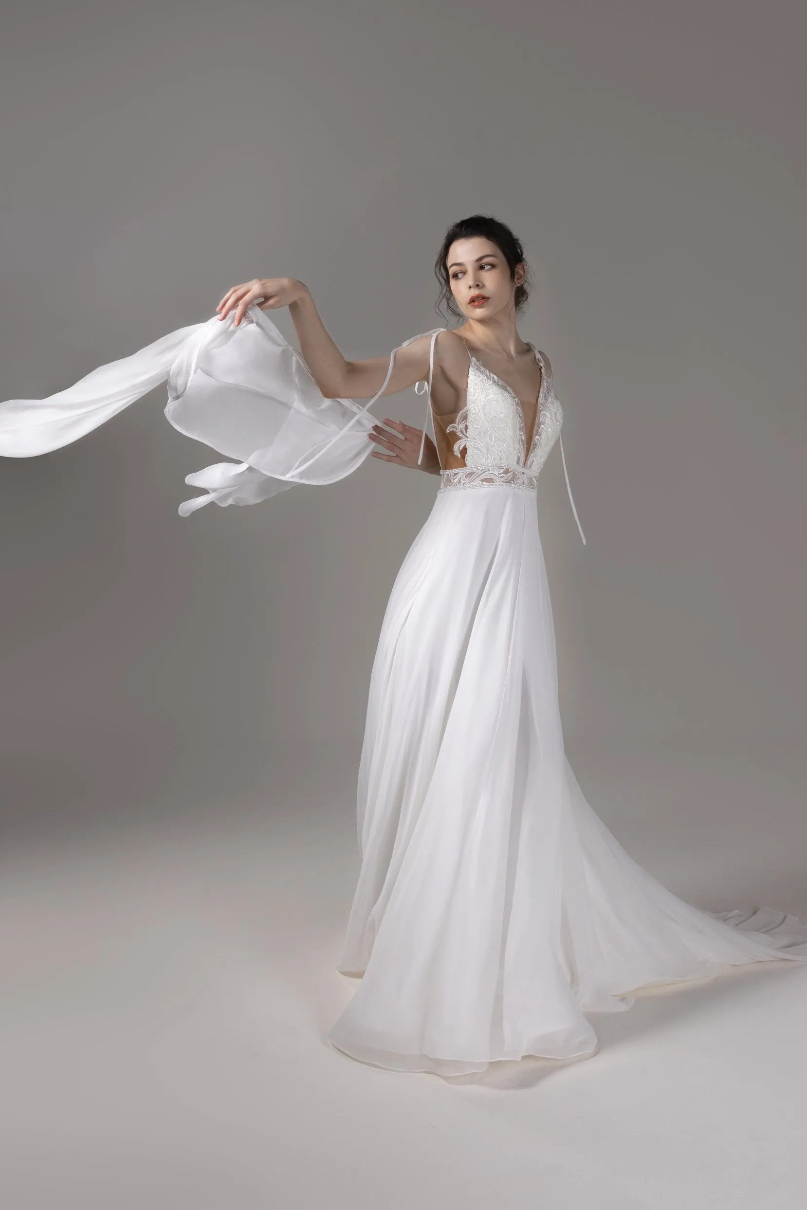 A-Line Court Train Lace Chiffon Wedding Dress CW2819 sold by Cocomelody product image thumbnail 3