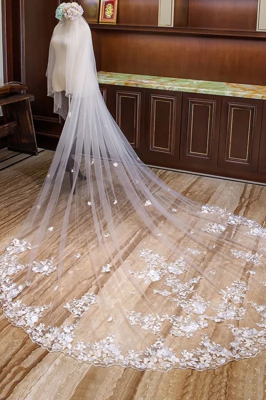 Two-tier Lace Edge Tulle Lace Cathedral Veils with Appliques CV0357 sold by Cocomelody