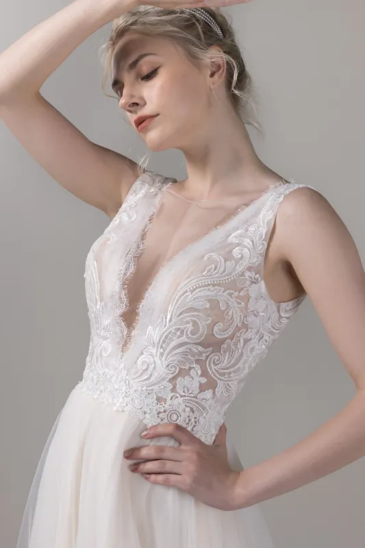 A-Line Court Train Lace Tulle Wedding Dress CW2792 sold by Cocomelody