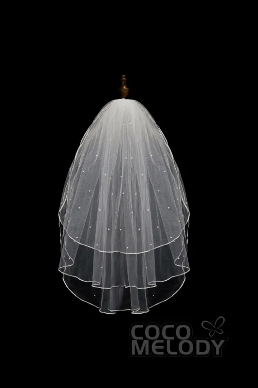 Three-tier Ribbon Edge Tulle Hip Veils with Pearls AV18009 sold by Cocomelody