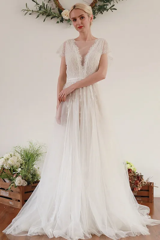 A-Line Sweep-Brush Train Lace Tulle Wedding Dress CW3045 sold by Cocomelody