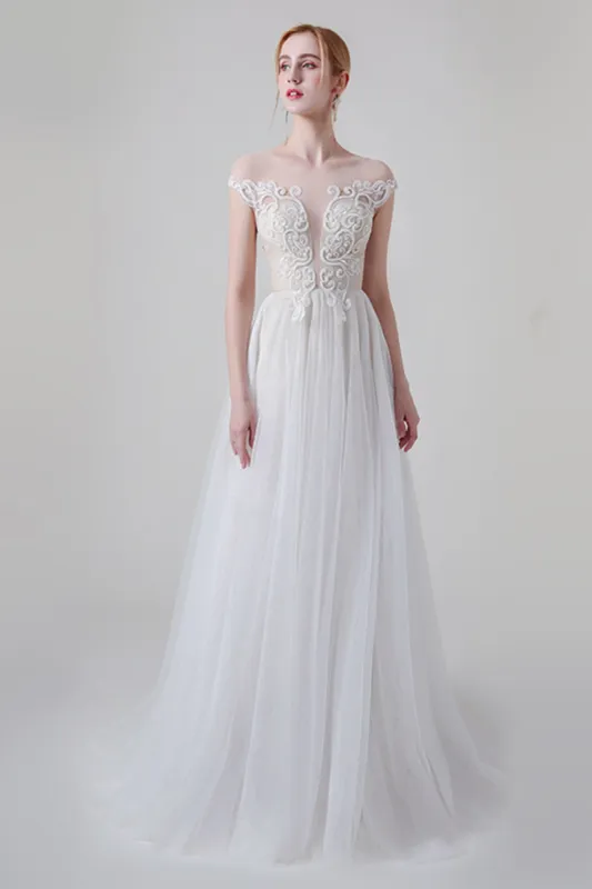 A-Line Sweep-Brush Train Lace Tulle Wedding Dress CW2748 sold by Cocomelody