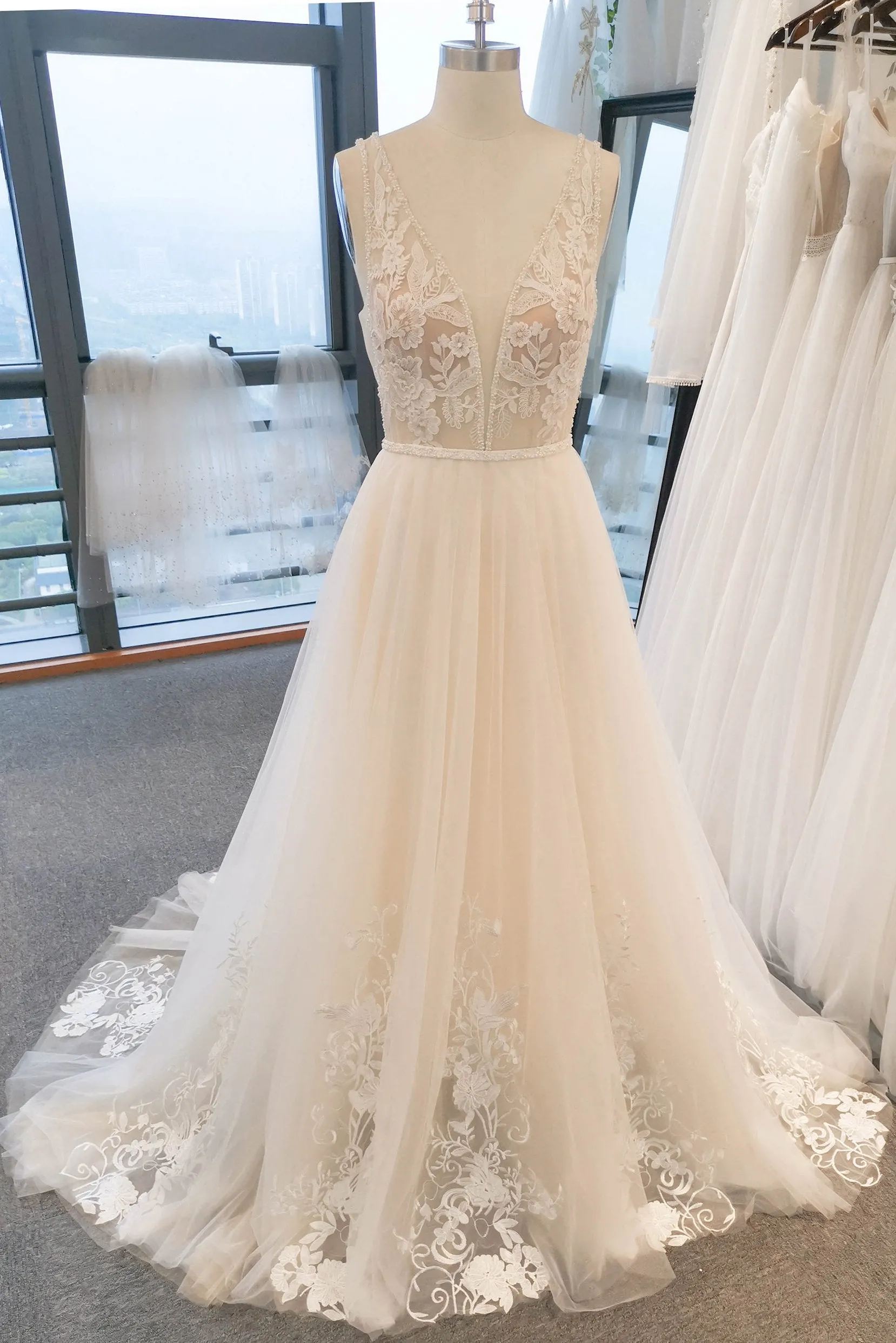 A-Line Sweep-Brush Train Lace Tulle Wedding Dress CW3120 sold by Cocomelody