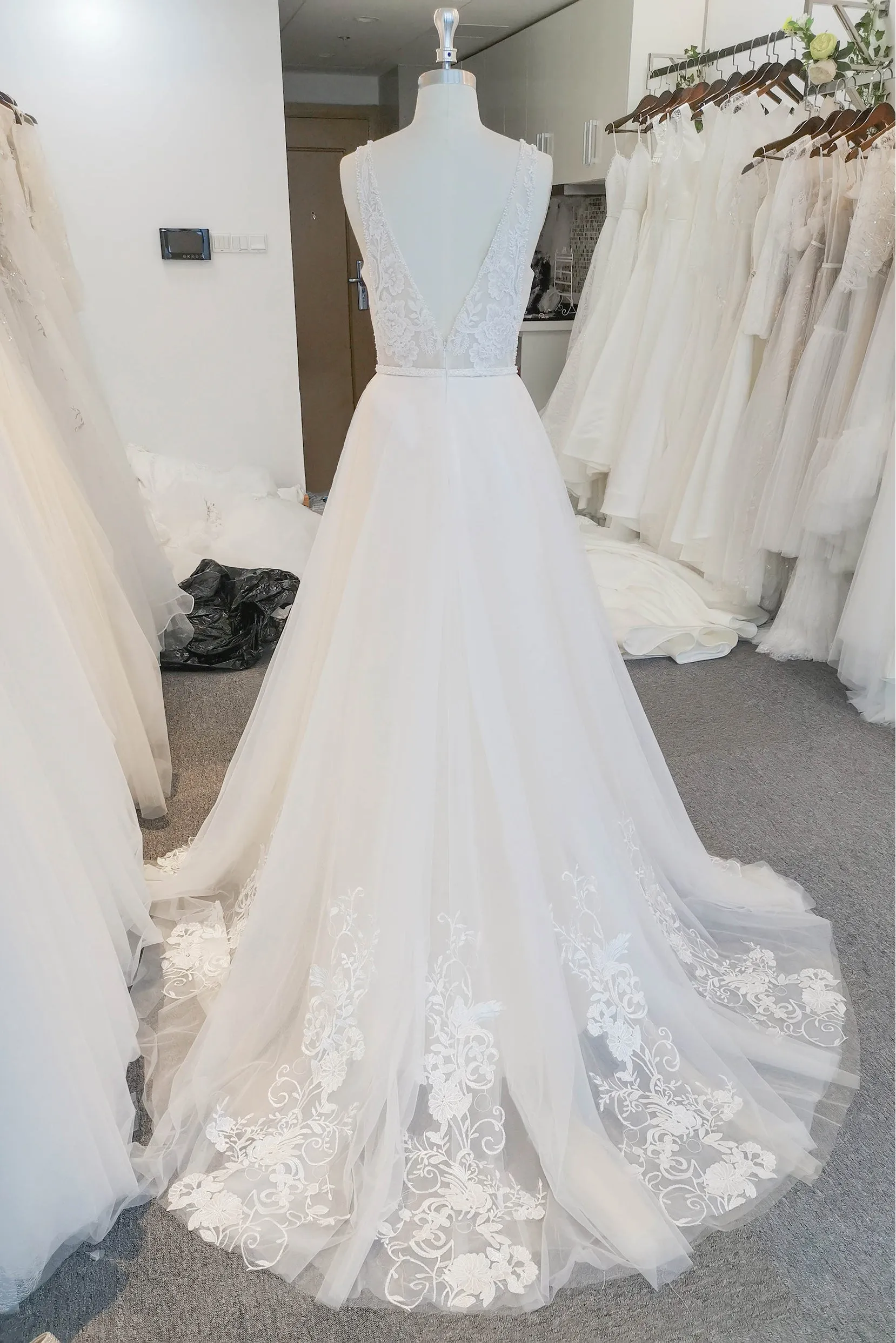 A-Line Sweep-Brush Train Lace Tulle Wedding Dress CW3120 sold by Cocomelody product image thumbnail 2