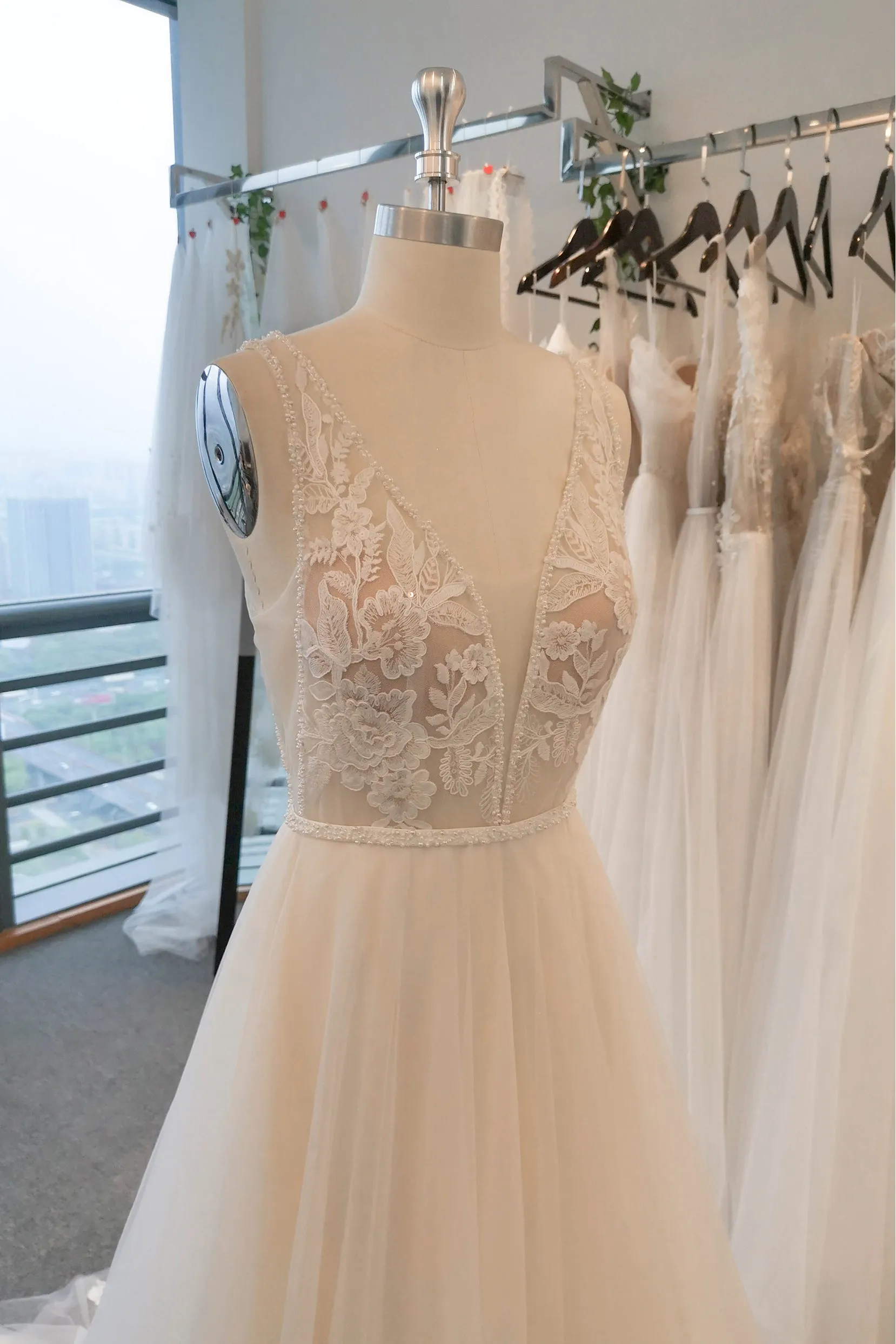 A-Line Sweep-Brush Train Lace Tulle Wedding Dress CW3120 sold by Cocomelody product image thumbnail 4