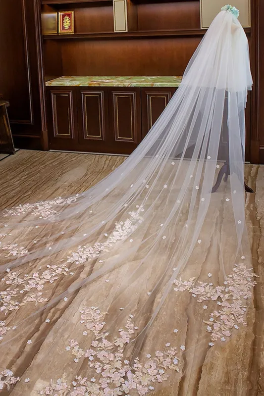 Two-tier Lace Edge Tulle Lace Cathedral Veils with Appliques CV0354 sold by Cocomelody