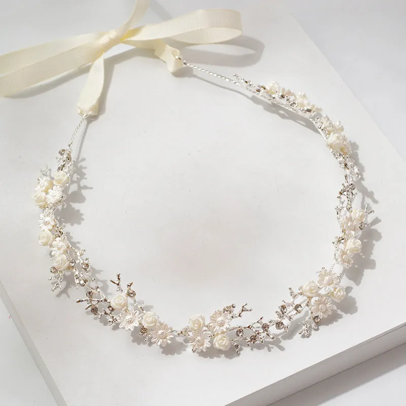 Bridal headwear White ceramic flower headband rhinestone headband 572789757034 sold by Cocomelody