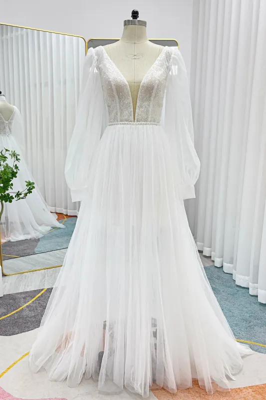 A-Line Sweep-Brush Train Lace Tulle Wedding Dress CW3295 sold by Cocomelody