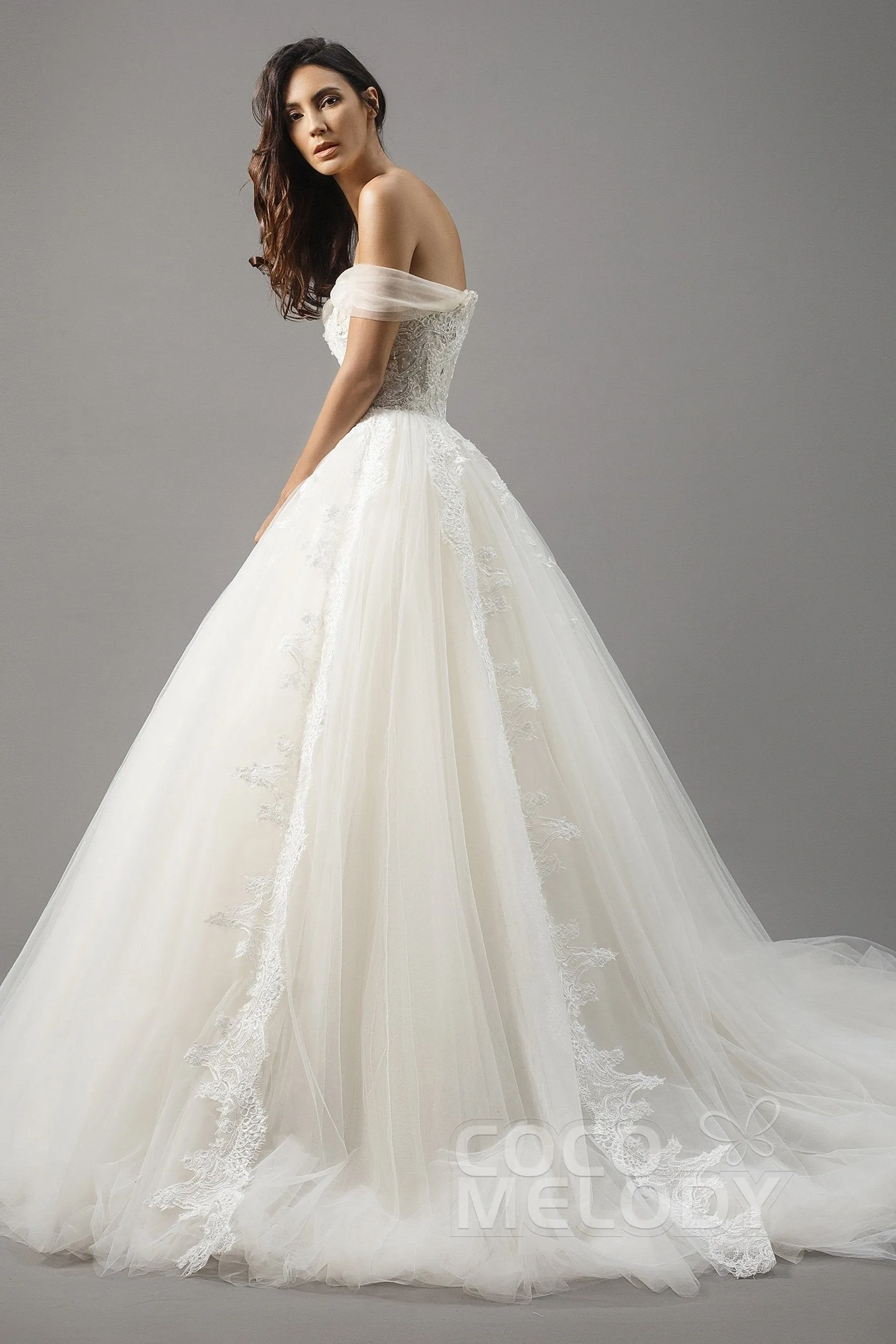 Princess Court Train Satin and Tulle Wedding Dress LD5066 sold by Cocomelody product image thumbnail 3