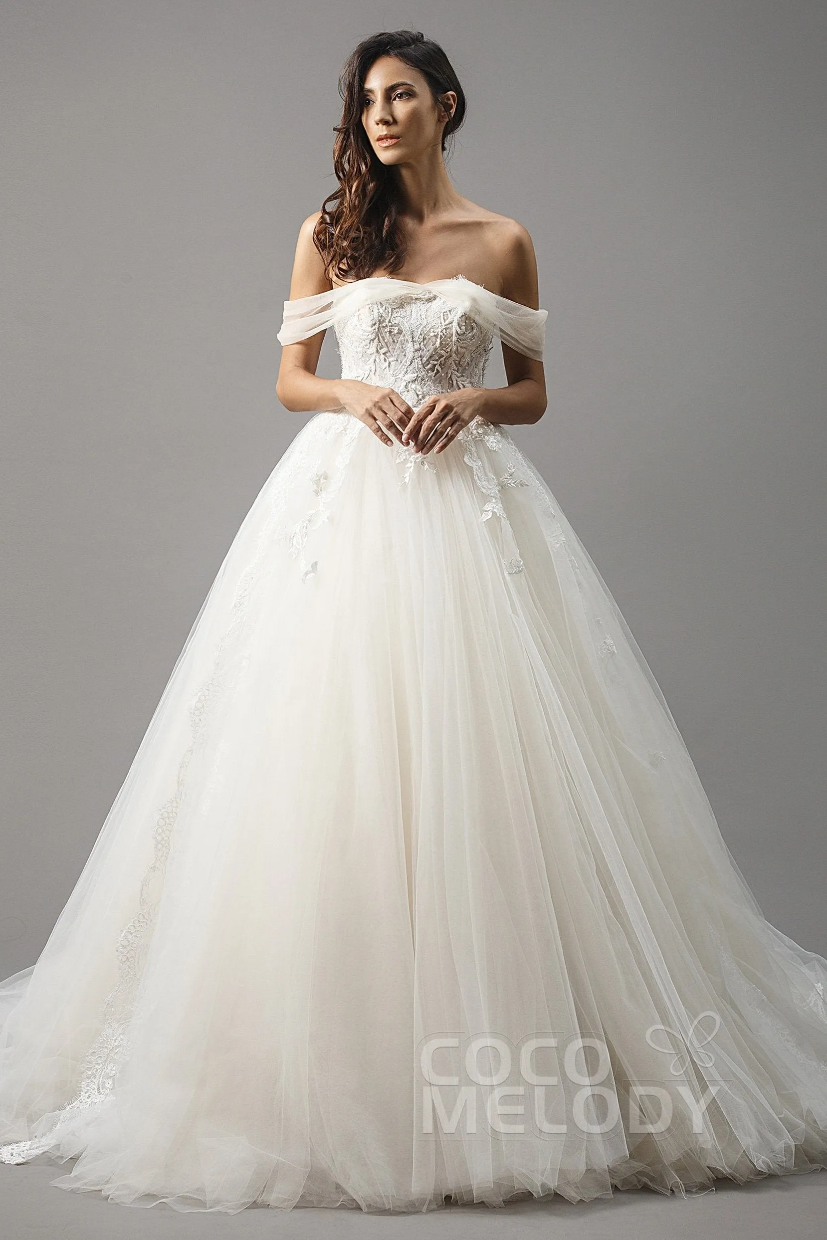 Princess Court Train Satin and Tulle Wedding Dress LD5066 sold by Cocomelody product image thumbnail 2
