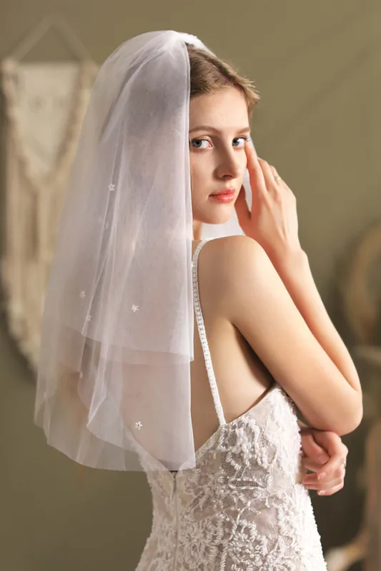 Two-tier Cut Edge Tulle Elbow Veils with Flower CV0292 sold by Cocomelody
