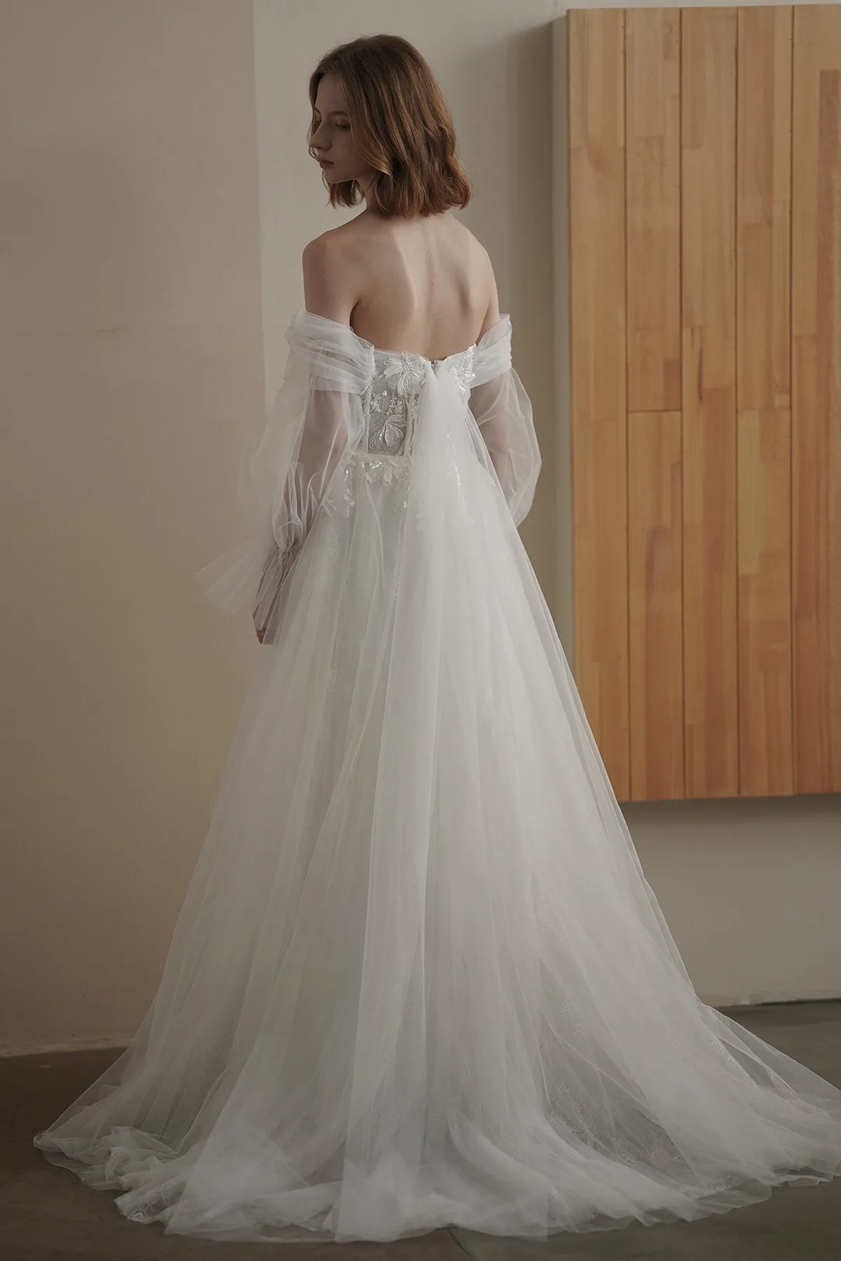 A-Line Sweep-Brush Train Lace Tulle Wedding Dress CW3094 sold by Cocomelody product image thumbnail 2