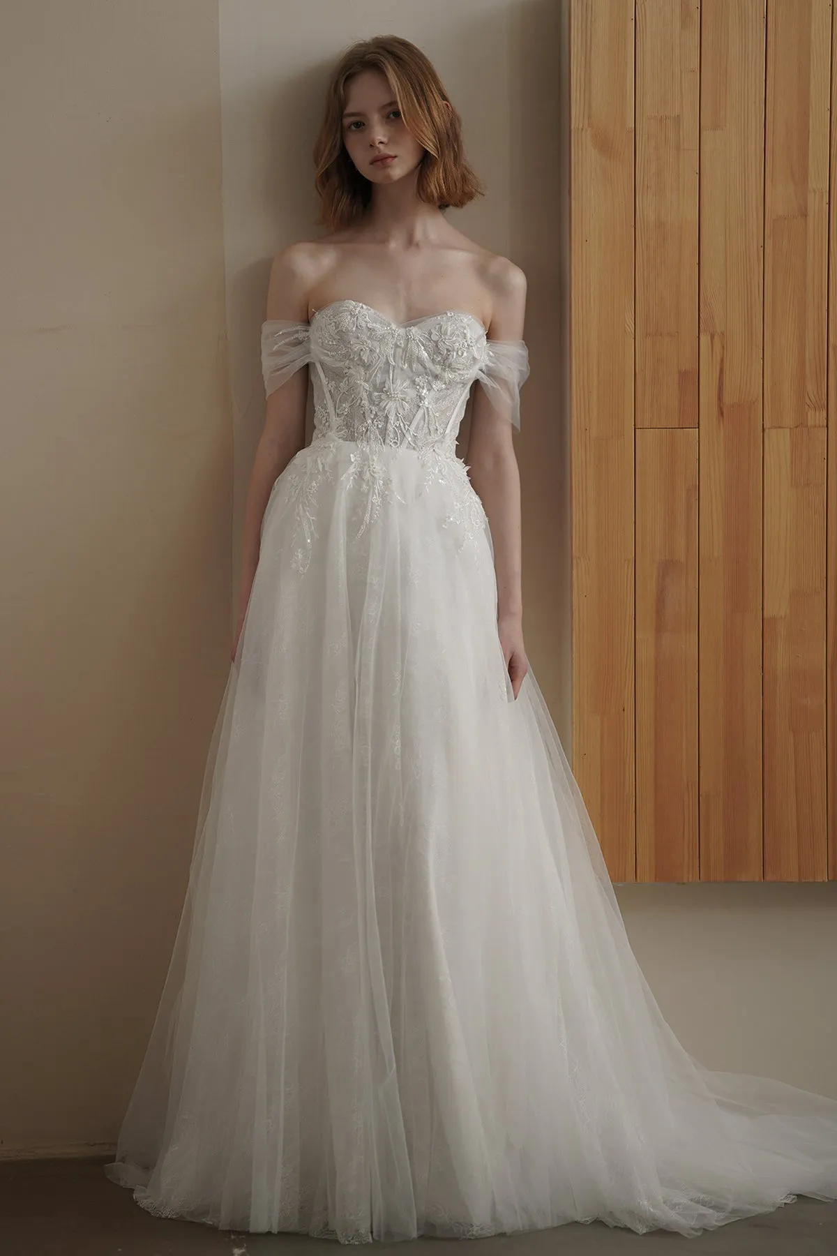 A-Line Sweep-Brush Train Lace Tulle Wedding Dress CW3094 sold by Cocomelody