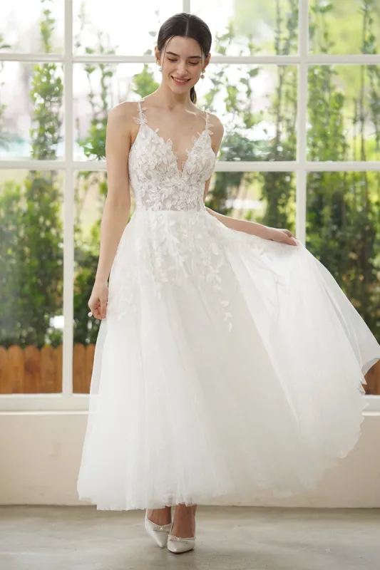 A-Line Ankle Length Lace Tulle Wedding Dress CW3316 sold by Cocomelody