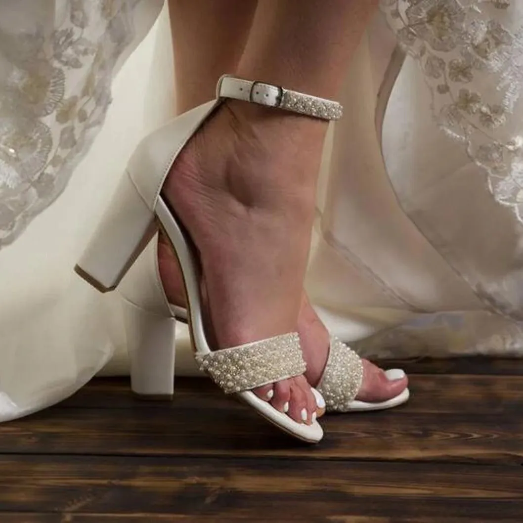 White Pearl Ankle Strap Round Block Heel Sandals 708036540906 sold by Cocomelody product image thumbnail 2