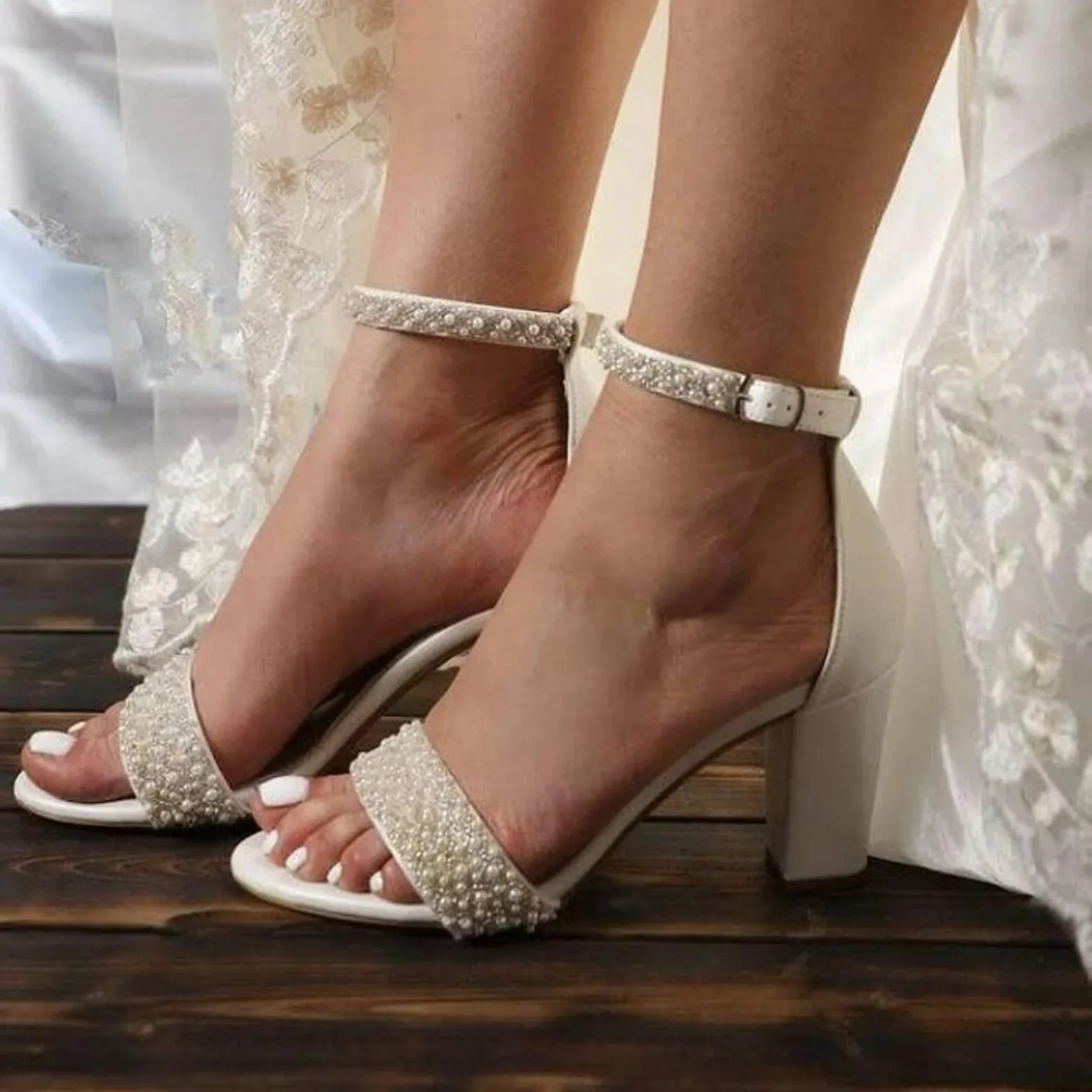 White Pearl Ankle Strap Round Block Heel Sandals 708036540906 sold by Cocomelody