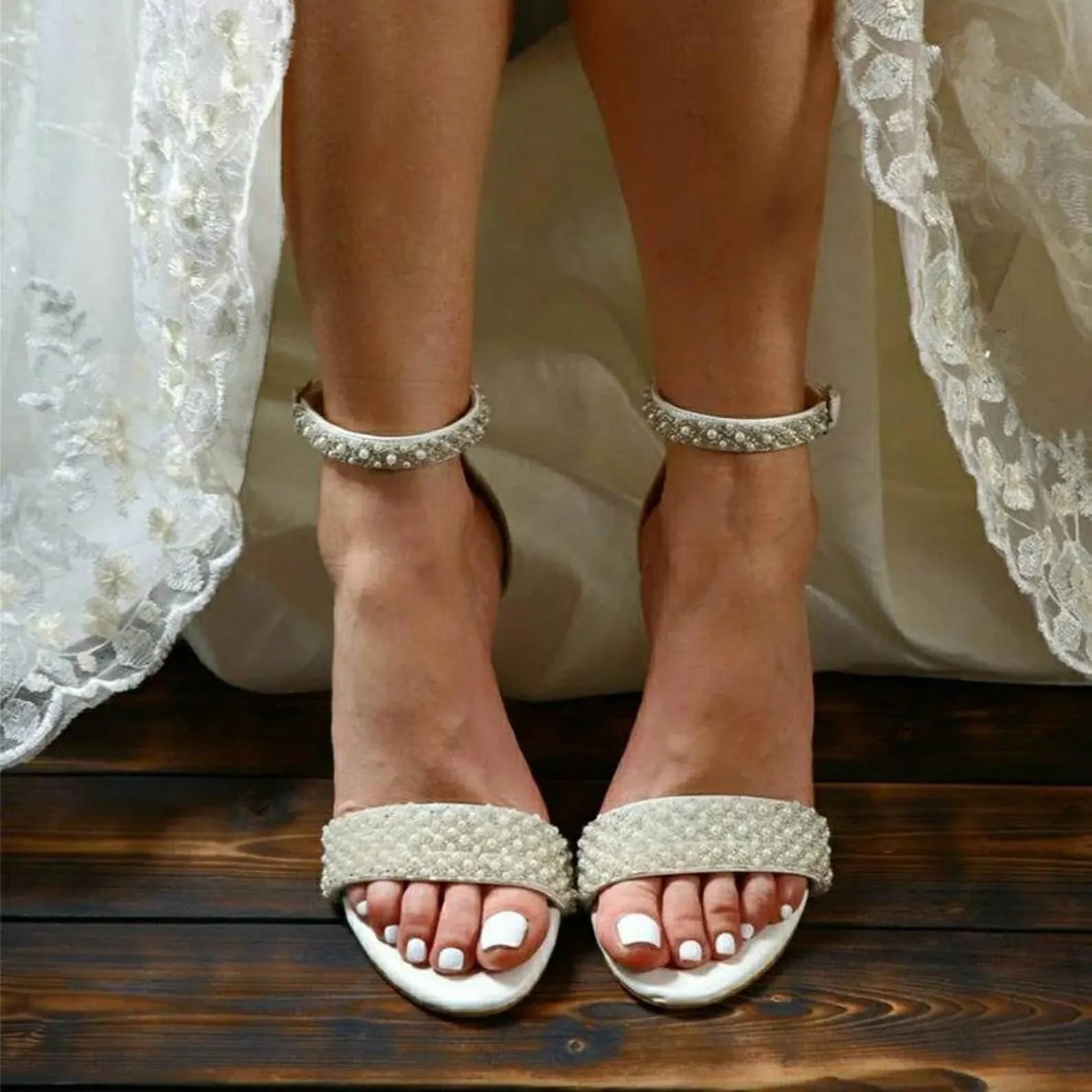 White Pearl Ankle Strap Round Block Heel Sandals 708036540906 sold by Cocomelody product image thumbnail 5