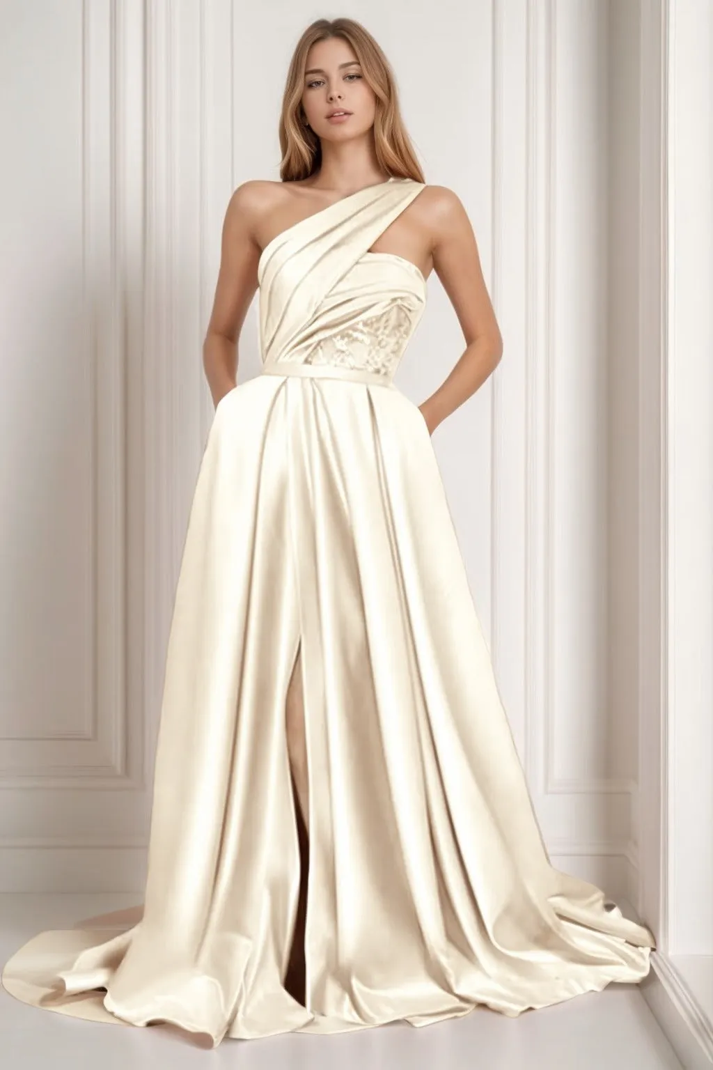 A-Line Sweep-Brush Train Satin Prom Dress CS0429 sold by Cocomelody product image thumbnail 2
