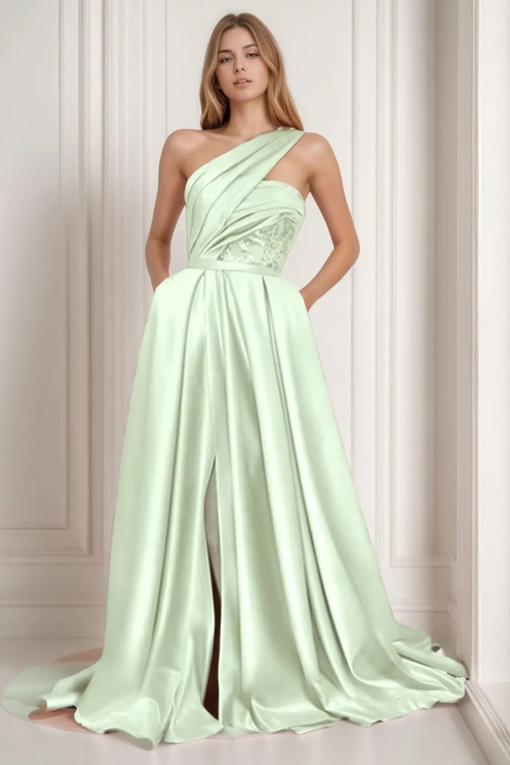 A-Line Sweep-Brush Train Satin Prom Dress CS0429 sold by Cocomelody