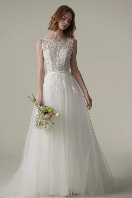 A-Line Sweep-Brush Train Tulle Wedding Dress CW3092 sold by Cocomelody