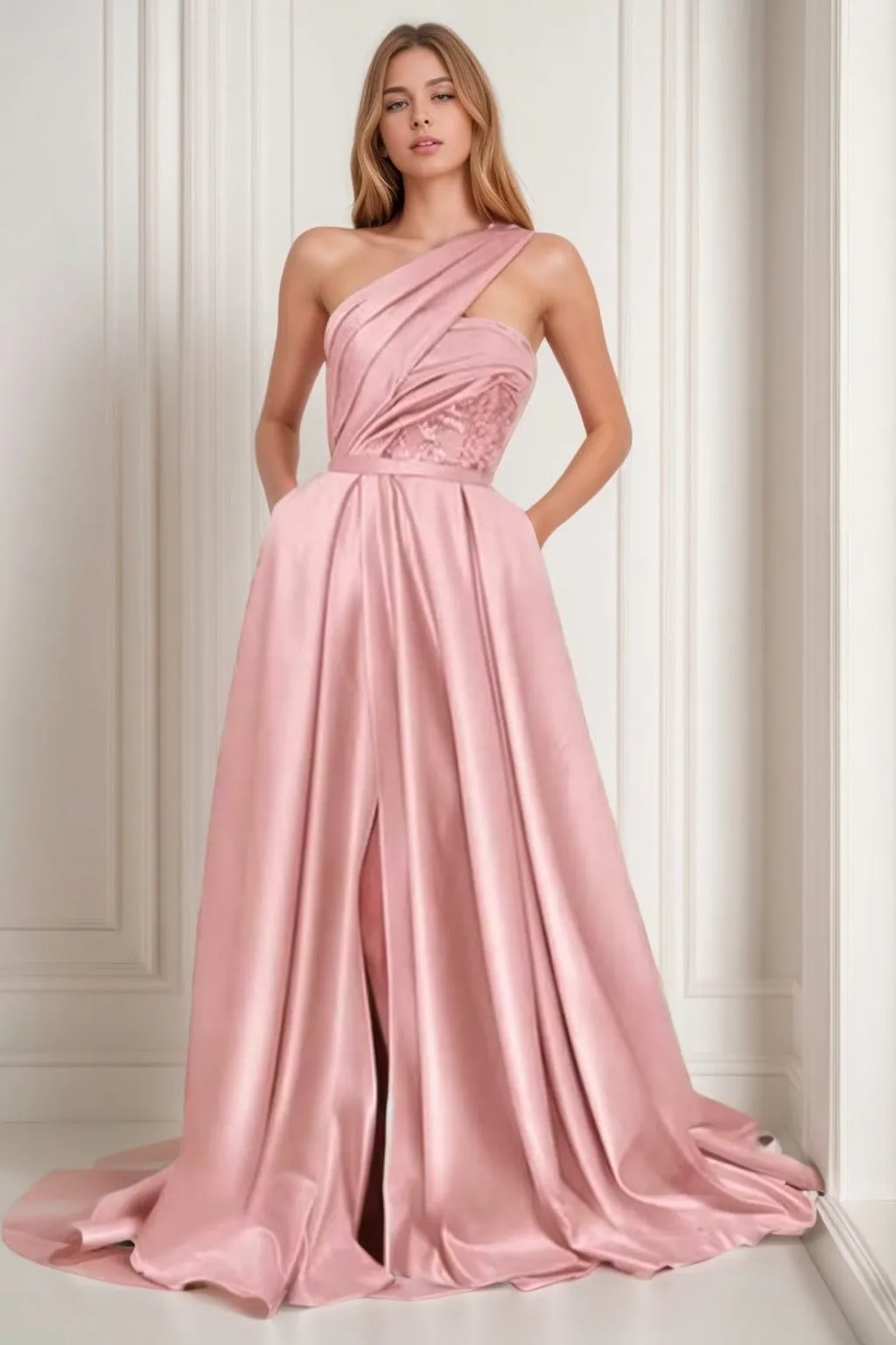 A-Line Sweep-Brush Train Satin Prom Dress CS0429 sold by Cocomelody product image thumbnail 5