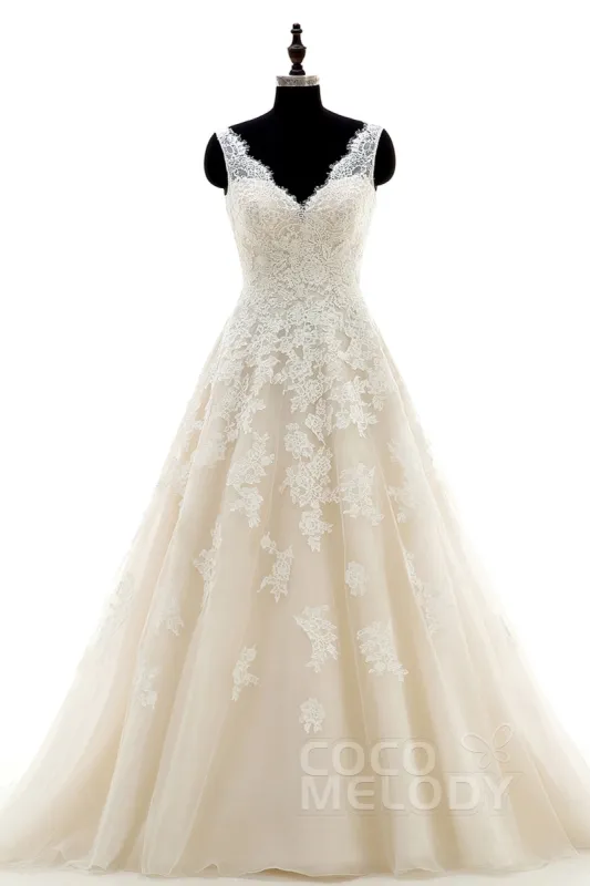 A-Line Court Train Tulle and Lace Wedding Dress CWAT16004 sold by Cocomelody