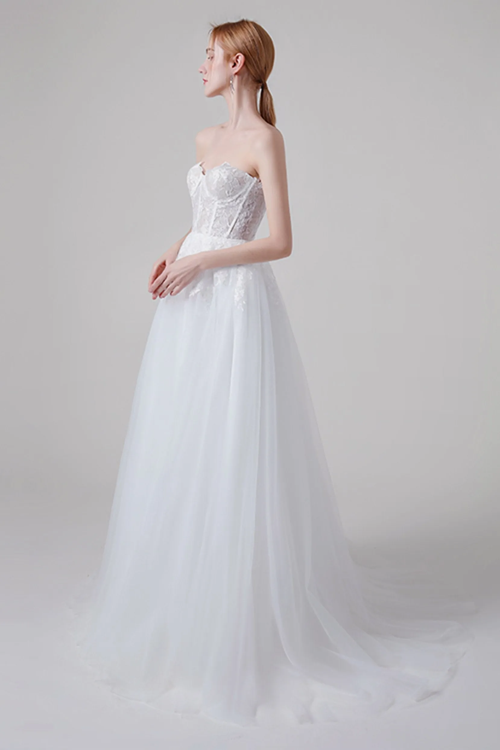 A-Line Sweep-Brush Train Lace Tulle Wedding Dress CW2743 sold by Cocomelody product image thumbnail 3